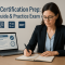 A professional woman studies at her desk with a notebook and laptop, preparing for the SHRM certification exam, with the text SHRM Certification Prep Study Guide Practice Exam displayed beside her.