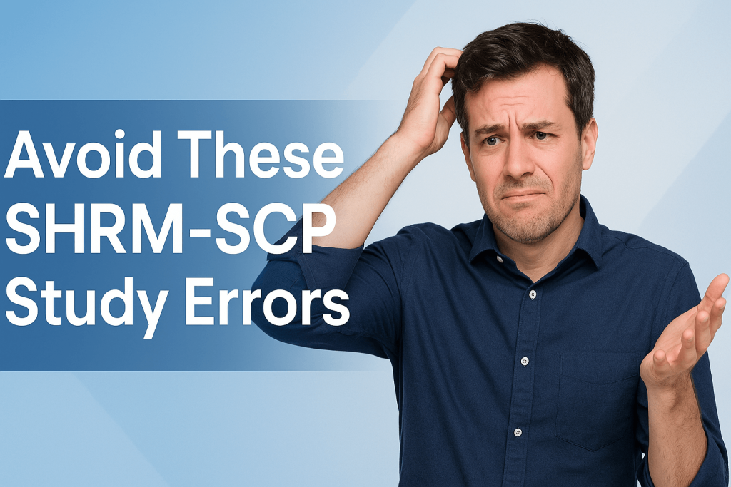 A concerned man in a blue shirt holds his head in frustration beside bold text that reads “Mistakes?! Avoid These SHRM-SCP Study Errors” on a white and blue background.