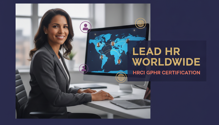 Real HR leader at a global workforce dashboard with a world map and diverse team profiles, preparing for the HRCI GPHR Global HR certification