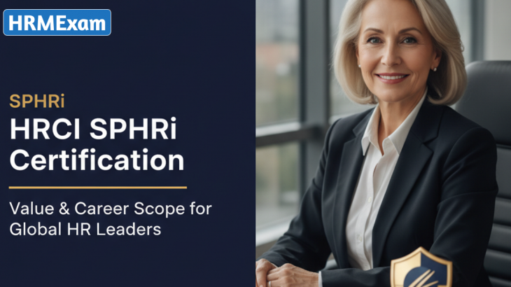 SPHRi certification value banner showing a senior HR leader at a modern office desk beside HRCI SPHRi credential text