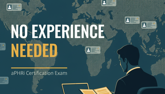 aPHRi certification banner showing an HR professional reviewing a personnel file against a world map of employee records