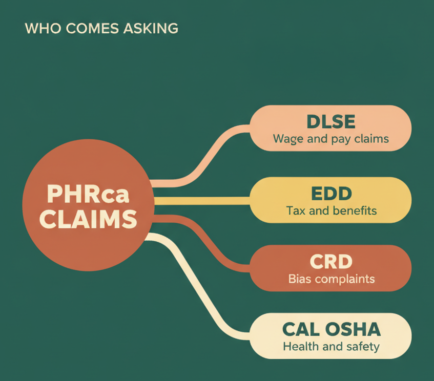 Mind map of the California agencies that open PHRca related inquiries: DLSE, EDD, CRD and Cal OSHA