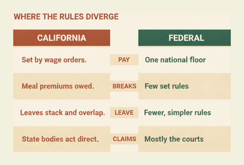 Comparison table of California against federal rules for pay, breaks, leave and claims
