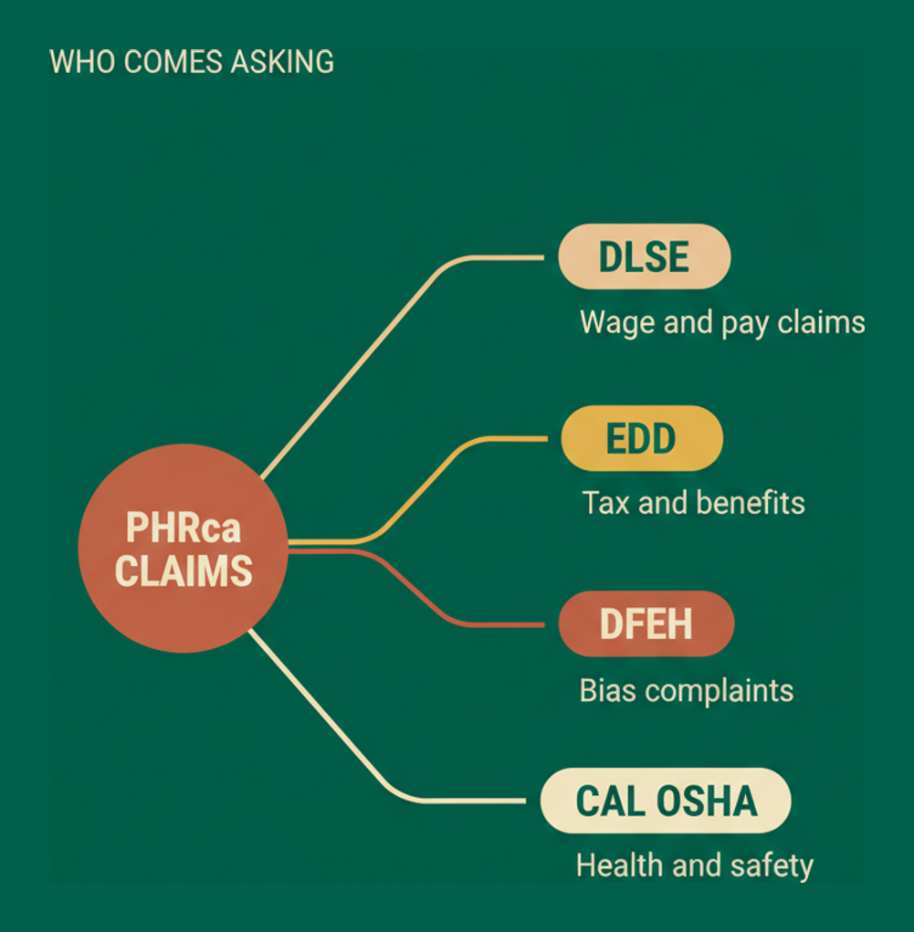 Mind map of the California agencies that open PHRca related inquiries: DLSE, EDD, DFEH and Cal OSHA