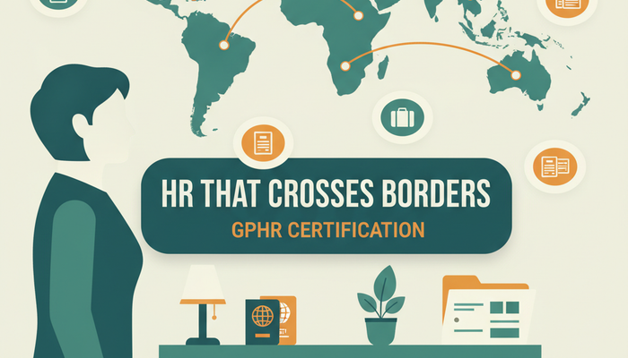 GPHR certification banner showing a global HR leader beside a world map with assignment arcs between regions