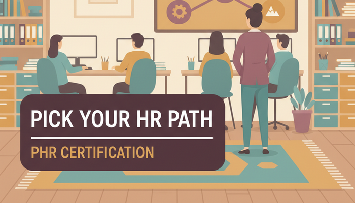 PHR certification banner showing an HR professional at a crossroads of career paths in an office