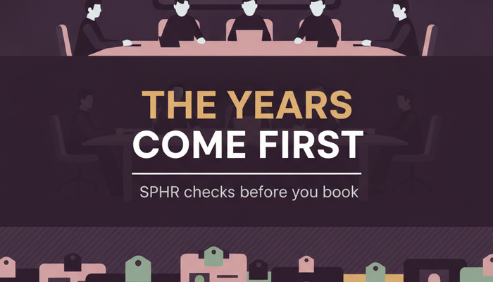 HRCI SPHR certification banner showing an HR leader presenting workforce strategy to a boardroom