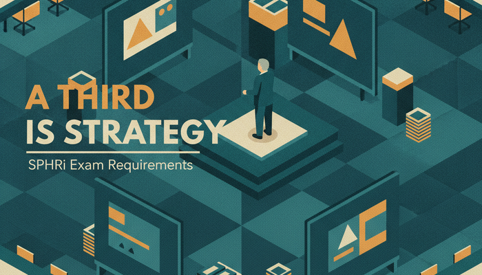 SPHRi exam requirements banner showing an isometric corporate strategy floor with a senior HR leader addressing a boardroom from a raised dais
